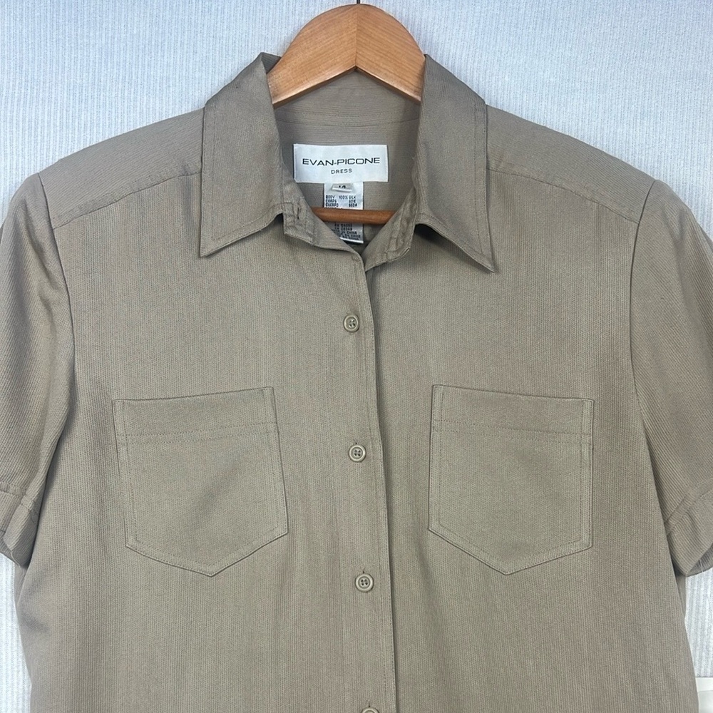NEW DOS Vintage 90’s Evan Picone Size 14 Silk Shirtdress Tan Deadstock - Picture 2 of 12